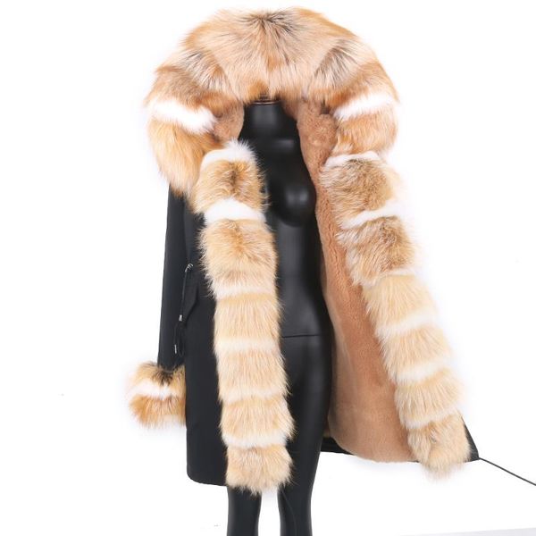 

women's fur & faux 7xl winter jacket women big long parka real coat natural collar loose thick outerwear detachable, Black