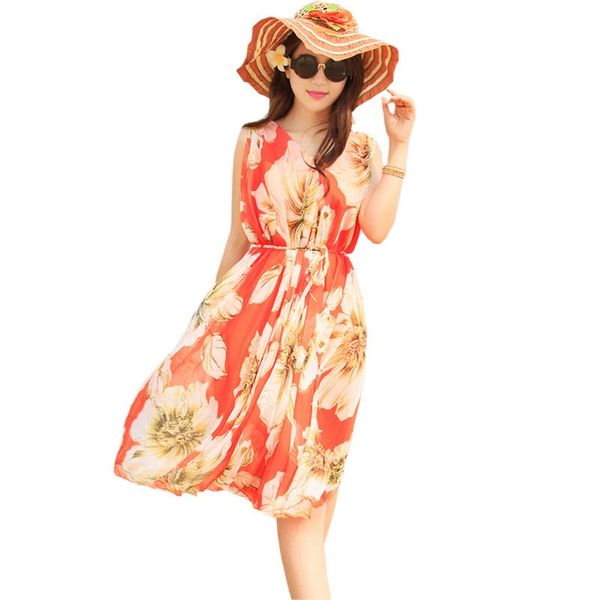

casual dresses bohemian print beach dress women chiffon sleeveless v-neck summer ladies loose floral re0331, Black;gray