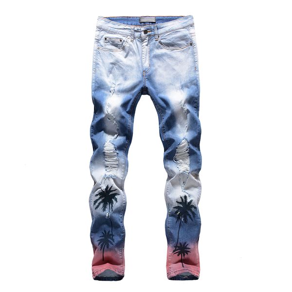 

men's fashion coconut palm printed colored ripped jeans slim fit holes distressed stretch denim pants hgyi, Blue