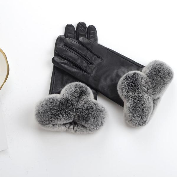 

fingerless gloves 98652 female winter fashion 2021 ladies sheepskin leather warm velvet points rex rabbits fur glove, Blue;gray