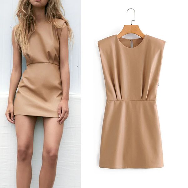 

new camel 2021 faux leather mini women fashion sleeveless shoulder pads o-neck ruched short dress woman elegant dresses y4n9 rlwf, Black;gray