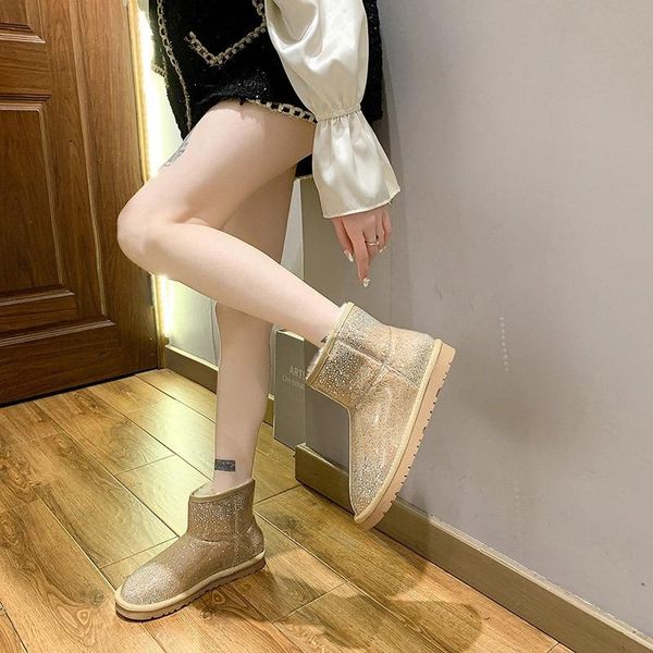 

boots winter black round head flat heel high daily deep mouth short tube solid color snow women's thick cotton 2021