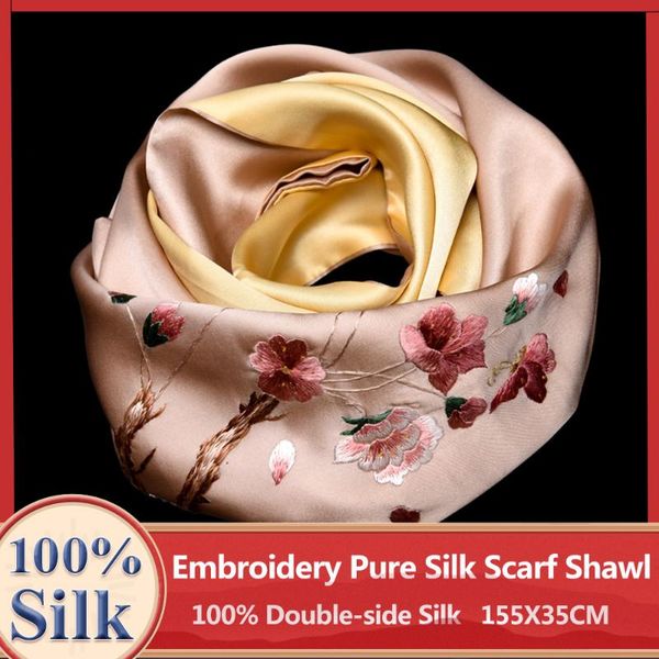 

scarves 100% pure silk scarf embroidery double-side real foulard wraps for women handmade natural 16, Blue;gray