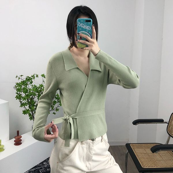 

2021 new camisola feminina cor slida envolto lao-up manga comprida turn-down collar feminino casual cardigan incio do outono fukk, White;black