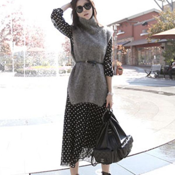 

two piece dress lanmrem solid color high collar sleeveless pullover sweater point woman two-piece casual fashion 2021 autumn tv485, White