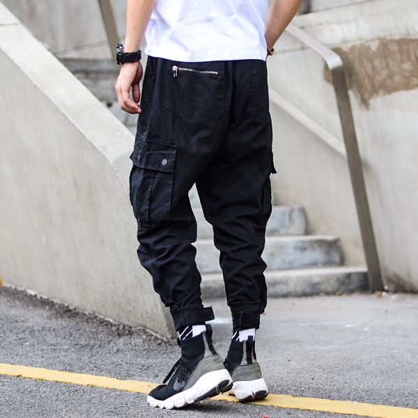 

2021 new fashion streetwear jogger loose fit camouflage military harem trousers big pocket cargo hombre hip hop pants men t0ms, Black