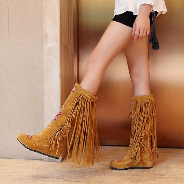 

boots tassel mesh suede high tube flat heel large size women's shoes, Black