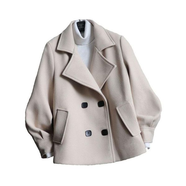 

women's wool & blends autumn and winter woolen coat women 2021 short slim fashion double-breasted suit collar temperament plus size jac, Black