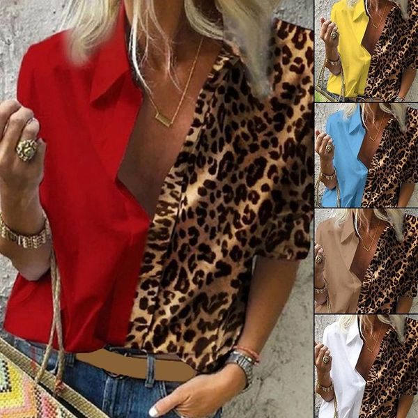 

women blouses 2021 autumn long sleeve turn down collar office blouse shirt casual leopard stitching blusas femininas, White