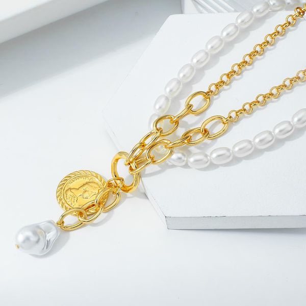 

chains aensoa multi layer baroque irregular natural fresh water pearl choker toggle necklace women punk portrait coin collares 2021, Silver