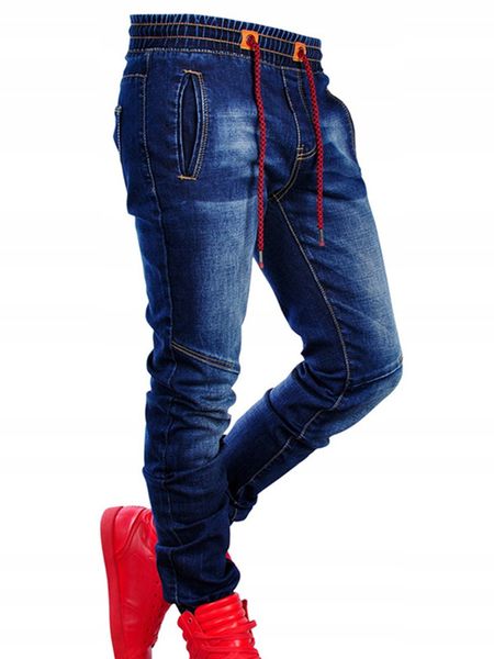 

herf winter men fashion trends jeans straight denim trouers classic patchwork style elastic waist band slim broek, Blue