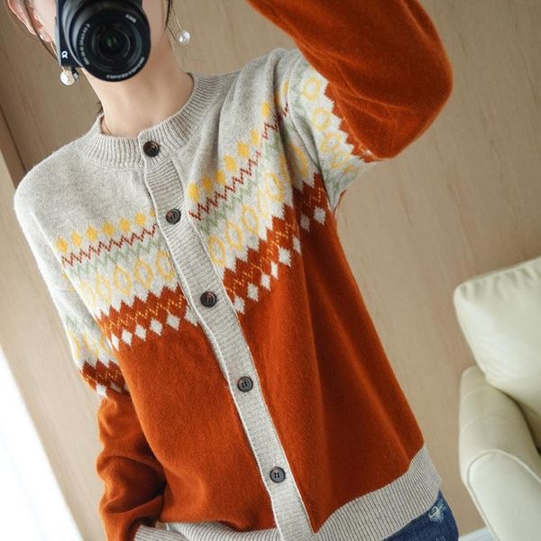 

women's knits & tees lhzsyy 2021 spring autumn 100%wool cardigan round neck loose fashion cashmere all-match coat color matching warm t, White