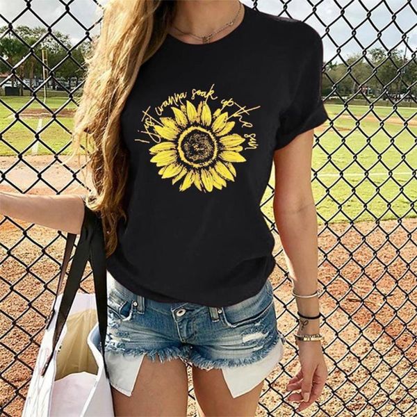 

women's t-shirt women shirt round neck sunflower printing short sleeve ladies cotton casual street loose clothing plus size 2xl, White