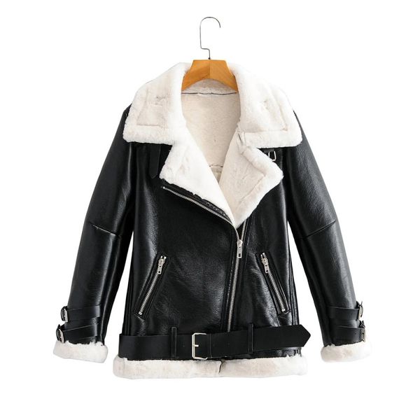 

winter women thick double-faced fur jacket female casual lapel collar zippers adjustable waist leather jacket coats, Black