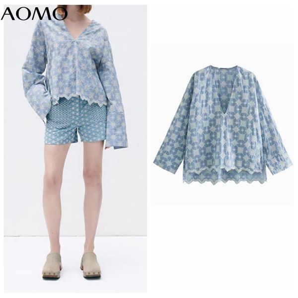 

women's blouses & shirts aomo women retro embroidery romantic blouse shirt v neck long sleeve 2021 chic female 3h711a, White
