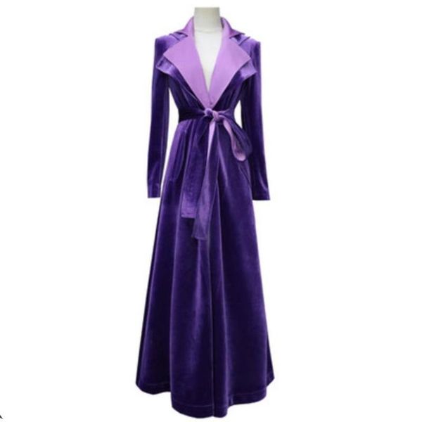 

women velvet trench coat winter vintage notched lapel wrap black velvet maxi coat thick warm long trench outwear, Tan;black