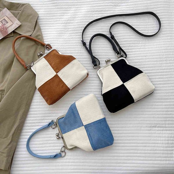 

the women vintage corduroy plaid small size kisslock shoulder bag women's fashion retro chic black and white mini mobile handbag