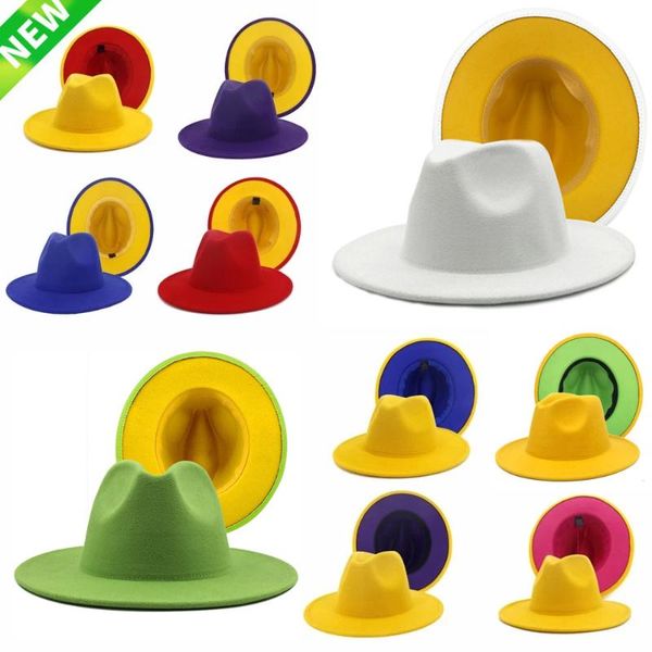 

wide brim hats wholesale outer green inner pink wool felt jazz fedora with thin belt buckle men women panama trilby cap, Blue;gray