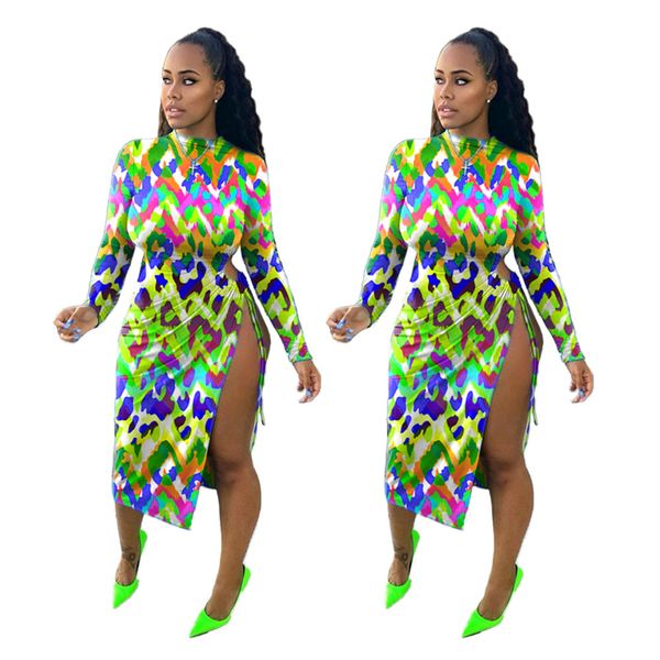 

2021 new colorful leopard printting round neck long sleeves fashion slit casual women autumn selling bh82, Black;gray