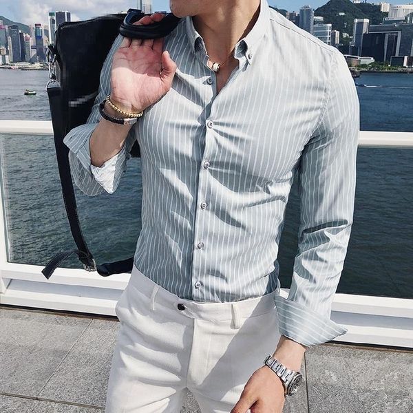

men's casual shirts spring striped for men slim fit long sleeve shirt plus size business formal wear chemise homme o302, White;black
