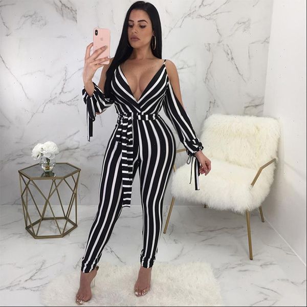 

elegant striped spaghetti strap rompers womens deep v neck jumpsuit long sleeve backless bow casual slim jumpsuits overalls, Black;white