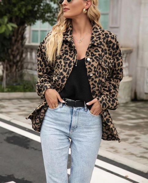 

women's wool & blends women shirt jacke 2021 leopard print long sleeve button casual warm thicken fashion streetwear girl oversize chic, Black