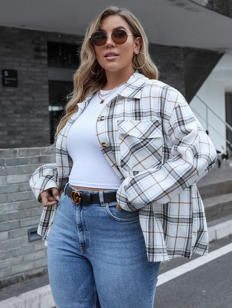 

plus plaid drop shoulder blouse i5c9#, Black