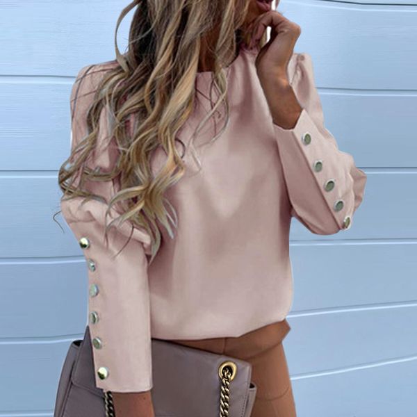 

2021 puff shoulder blouse shirts office lady new autumn metal buttoned detail blouses women pineapple print long sleeve, White