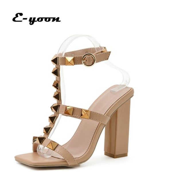 

sandals summer selling women square high heel thick toe ladies rivet shoes, Black