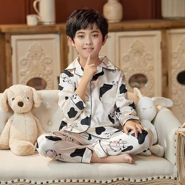 

pajamas kids satin spring long sleeve loungewear full summer suit silk baby girls nightwear boys set tracksuit, Blue;red