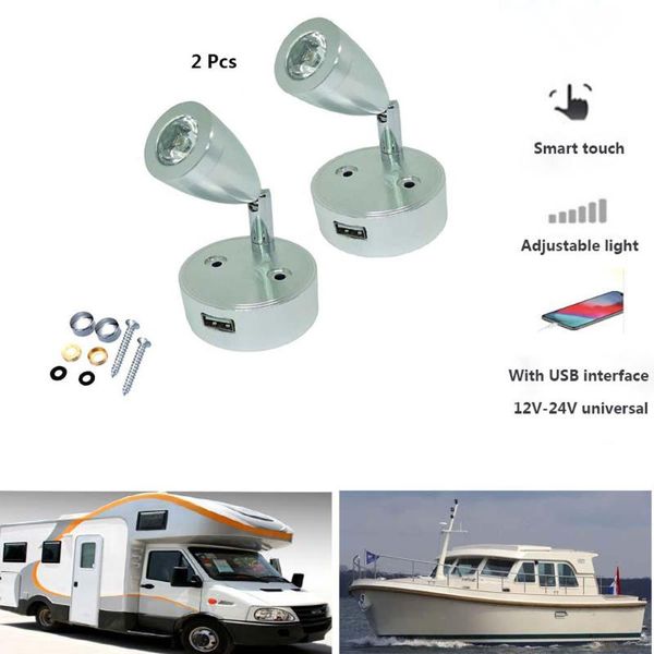 

wall lamps 2 pieces of led lamp smart touch dimmable bedside rv light with usb charging port for caravans, boats and yachts dc 12-24v