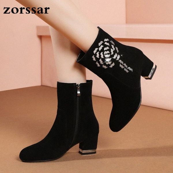 

zorssar} fashion rhinestone suede leather boots women cow suede thick high heels ankle boots autumn winter fur women snow e6t5#, Black