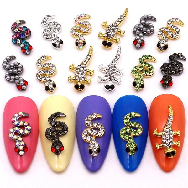 

nail art decorations 10 pcs snake gecko 3d decoration metal alloy gold silver gun black inlay shiny rhinestone pearl diy charm jewelry, Silver;gold