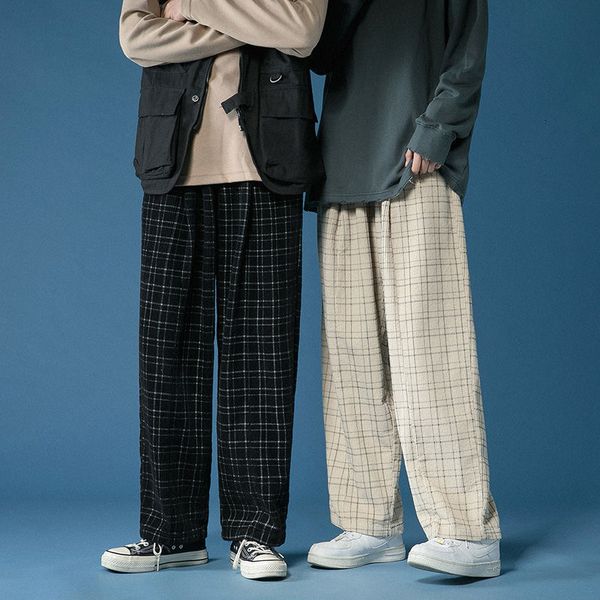 

2021 new winter men's corduroy fabric wide leg cargo baggy casual pants plaid printing streetwear trousers hip hop sweatpants djq1, Black