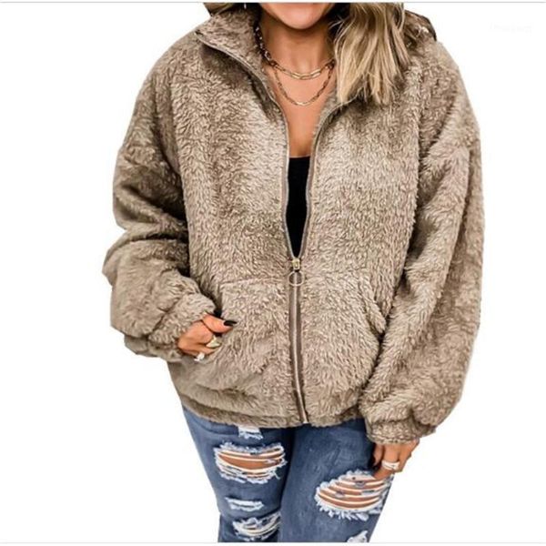 

women's jackets 2021 fashion wool cloth outerwear women lapel pure color insert pocket long sleeve casual loose catch fleece zipper jac, Black;brown