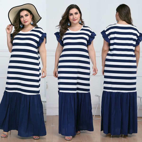 

2021 new 012 large women summer loose casual long l xl xxl 3xl 4xl plus size fat people o neck patchwork striped 12iw, Black;gray