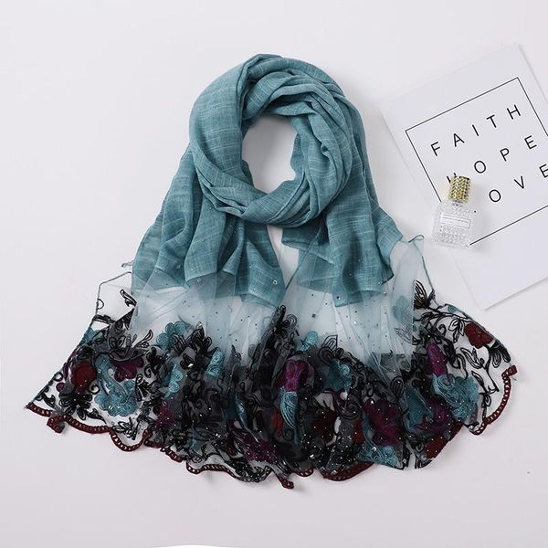

scarves cotton plain hijabs for women islamic with lace crystals long size blue sequins shawls 10pc/lot, Blue;gray