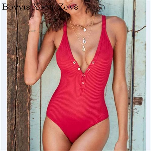 

women summer v-neck plain solid button-up sleeveless one-piece swimwear