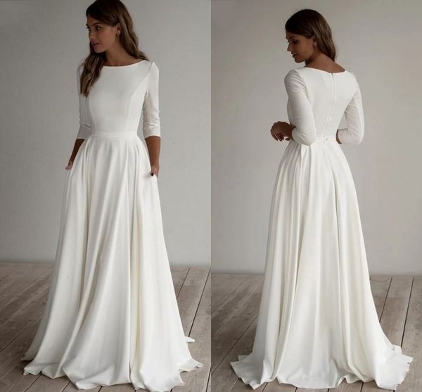 

satin new simple wedding es 2021 with pockets o neck 3/4 sleeves bridal gowns vestido de noiva zipper back sweep train h3ox, White