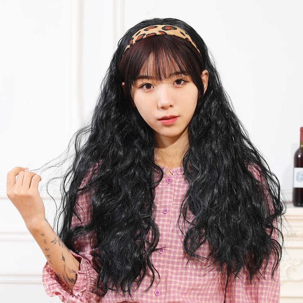 

egg roll long curly hair half headband wig, Black
