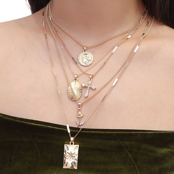 

jewelry simple portrait flower elements sweater chain female personality micro inlaid cross necklace, Silver