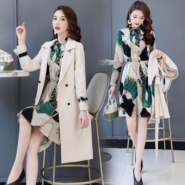 

women's trench coats spring autumn coat slim women dress windbreakers plus size two pieces sets coats/dress/set, Tan;black