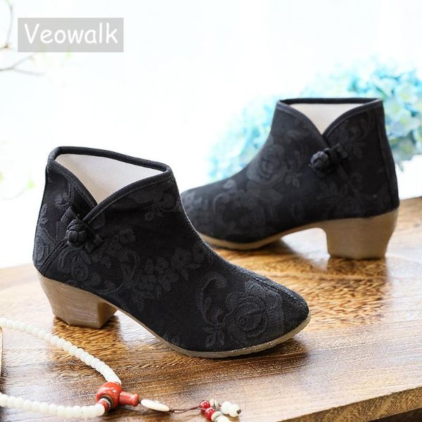 

boots veowalk autumn women jacquard cotton 6cm high block heel booties comfortable ladies casual short ankle shoes black white