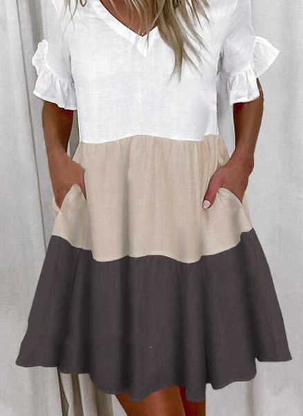 

spring and summer hemp cotton pure color stitching dress, Black;gray