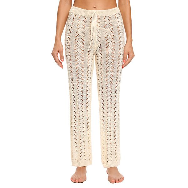 

women beach pants drawstring cotton crochet cover up swimsuit fishnet hollow out beachwear knit bathing suit trousers, Black;white