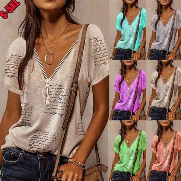 

summer women t-shirt fashion urban leisure loose zipper pullover v-neck printing irregular stitching short-sleeved 210708, White