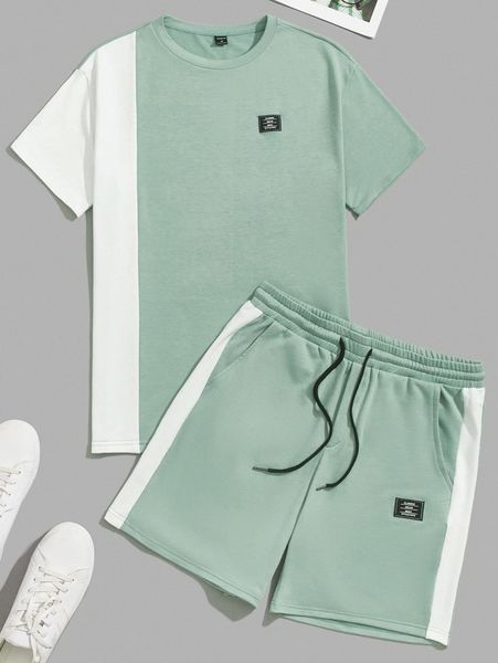 

men colorblock letter patched tee & drawstring waist track shorts set s7kk#, Gray
