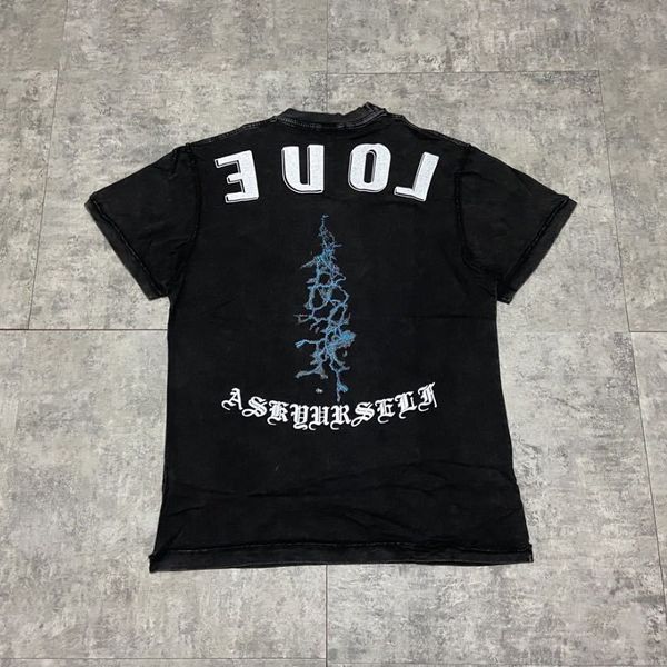 

2021 new ss askyurself t shirt das mulheres dos homens 1:1 alta qualidade relmpago snscrito imprimir solto algodo lavado fazer velho skof, Black