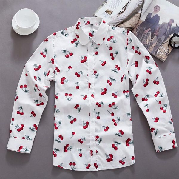 

women's blouses & shirts autumn cherry printing long sleeve women cute fresh oversize blouse for all matches femme, White
