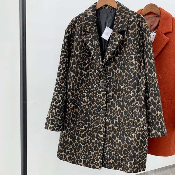 

designer long gvb14 sleeve leopard plaid breasted lapel loose single women's tweed coat e, Black